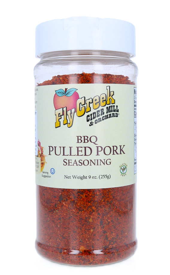 Jar of Fly Creek Cider Mill Orchard BBQ Pulled Pork Seasoning on a white background