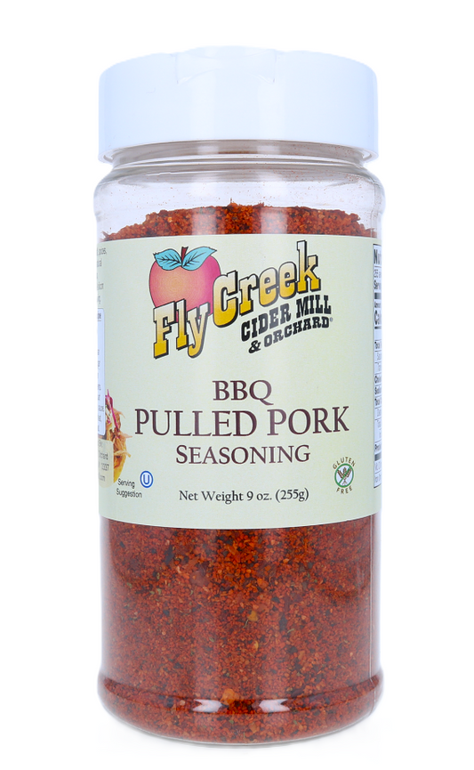 Jar of Fly Creek Cider Mill Orchard BBQ Pulled Pork Seasoning on a white background