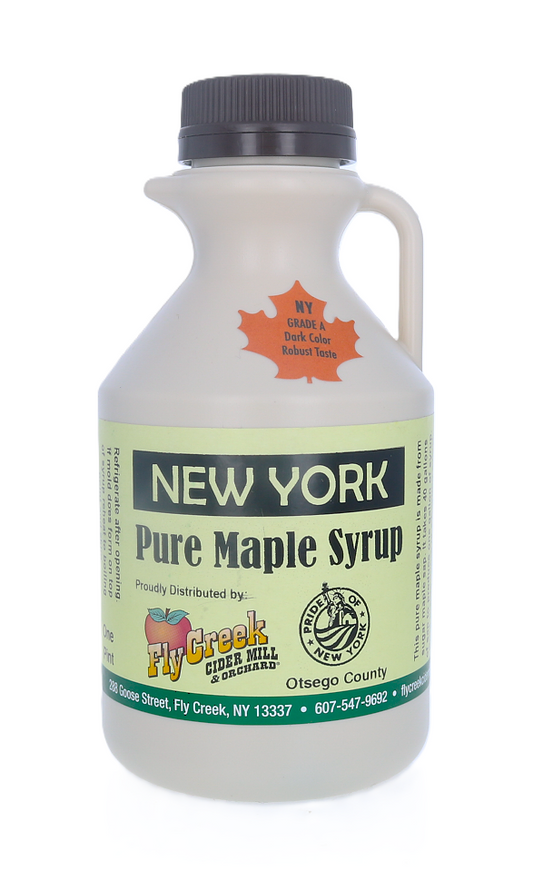 New York Pure Maple Syrup bottle with label on a white background