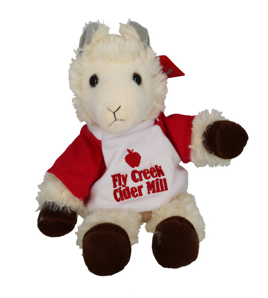 Stuffed Llama in Fly Creek Cider Mill Shirt