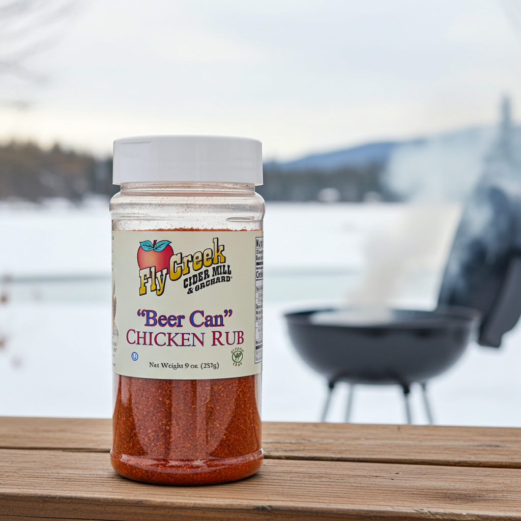 Jar of Fly Creek Cider Mill Beer Can Chicken Rub on a wooden surface with a blurred outdoor background.