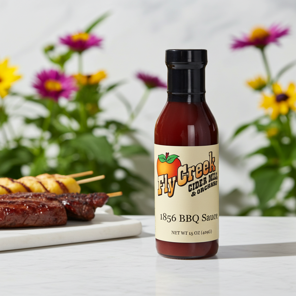 Bottle of Fly Creek Cider Mill & Orchard BBQ Sauce with grilled meats and skewers on a table with flowers in the background