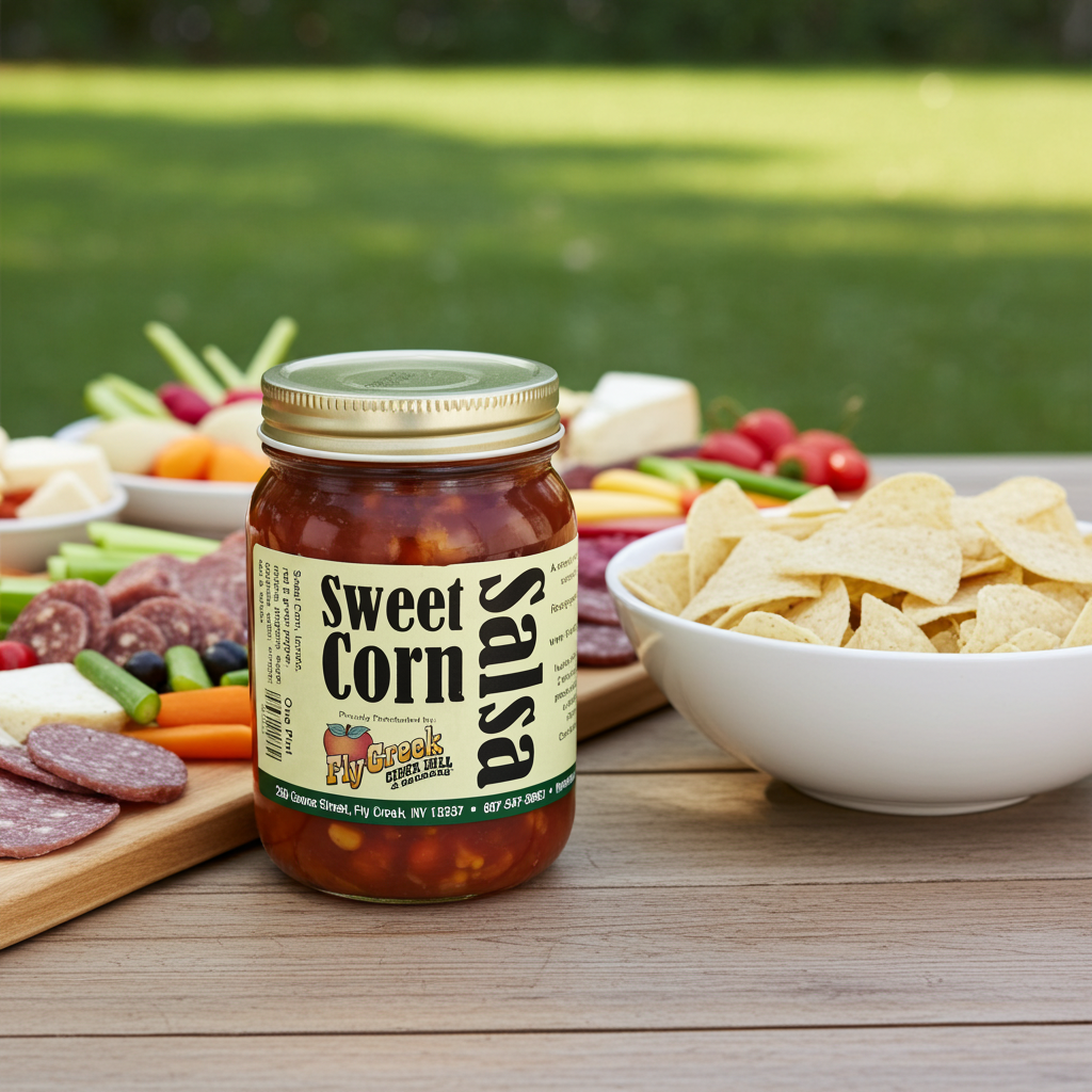 Jar of Fly Creek Cider Mill Sweet Corn Salsa on a table with snacks and vegetables outdoors