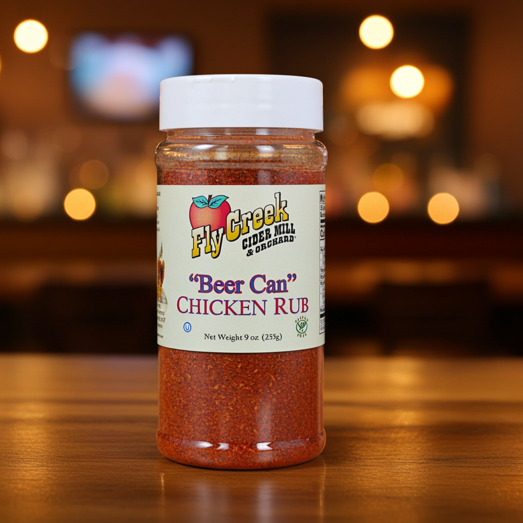 Bottle of Fly Creek Cider Mill 'Beer Can' Chicken Rub on a wooden surface with a blurred background.